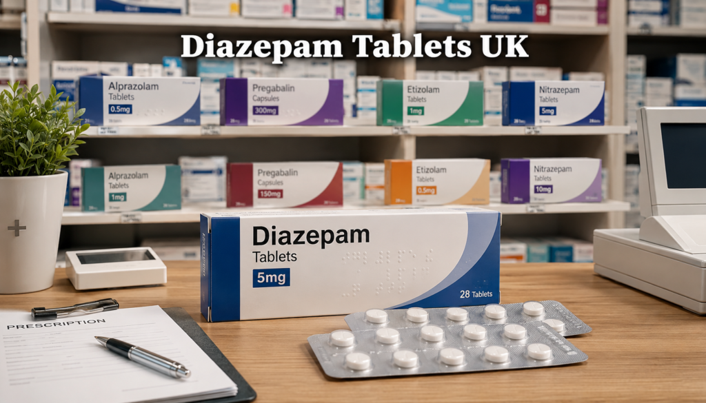 Diazepam tablets and blister packs on a modern UK pharmacy counter with anxiety medication boxes in background.