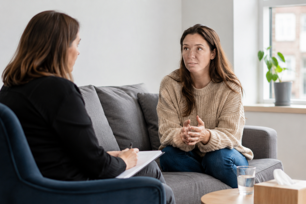 Therapy session showing anxiety symptoms and treatment in a calm UK clinic